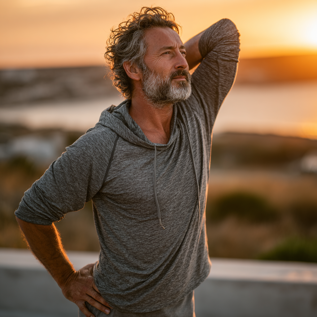 Mature man in his 50s doing stretching exercises outdoors in peaceful natural setting, wearing comfortable fitness clothing, showing healthy aging and active lifestyle commitment